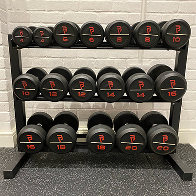 Rack of Fairchild Fitness branded dumbbells, 4kg to 20kg
